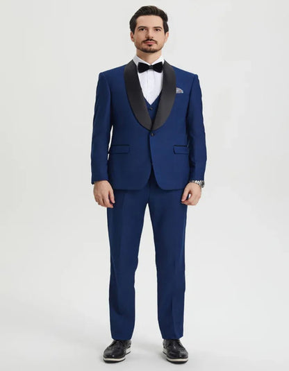 Blue Wedding Tuxedo - Men's Stacy Adams Vested One Button Shawl Lapel Indigo blue Tuxedo