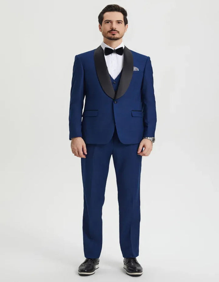 Blue Wedding Tuxedo - Men's Stacy Adams Vested One Button Shawl Lapel Indigo blue Tuxedo