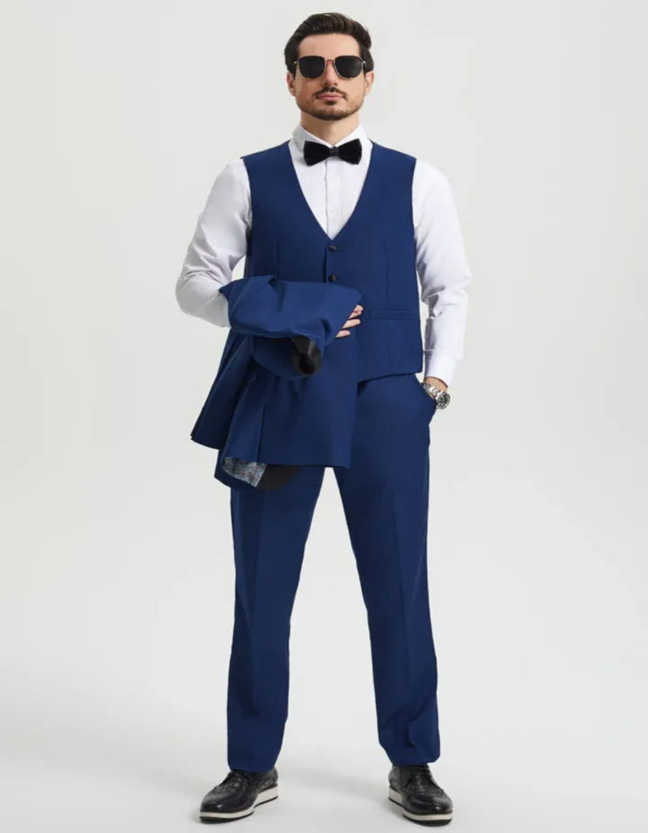 Blue Wedding Tuxedo - Men's Stacy Adams Vested One Button Shawl Lapel Indigo blue Tuxedo