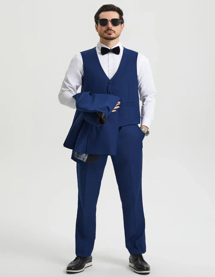 Blue Wedding Tuxedo - Men's Stacy Adams Vested One Button Shawl Lapel Indigo blue Tuxedo