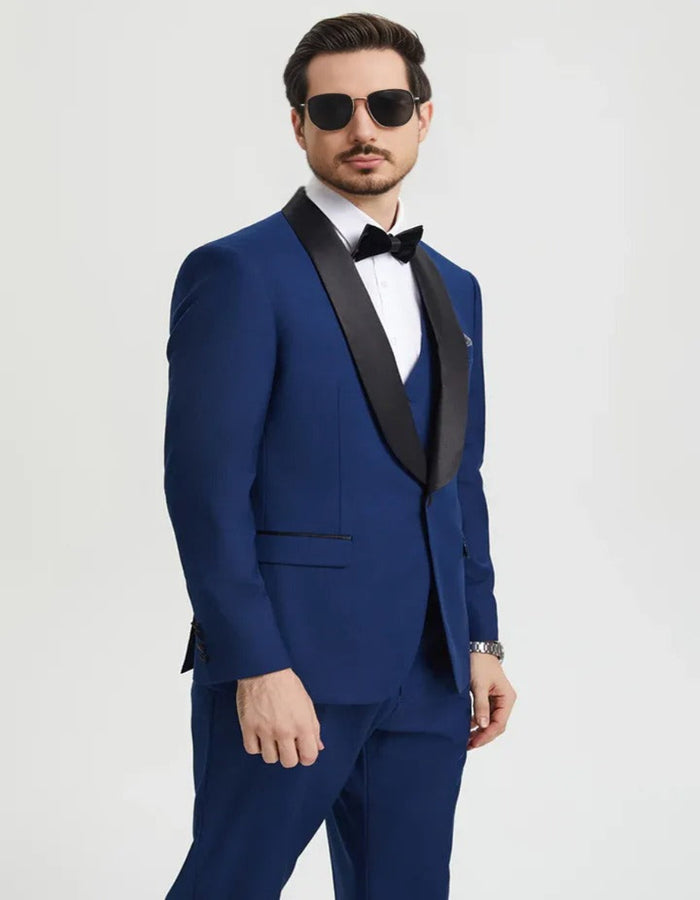 Blue Wedding Tuxedo - Men's Stacy Adams Vested One Button Shawl Lapel Indigo blue Tuxedo