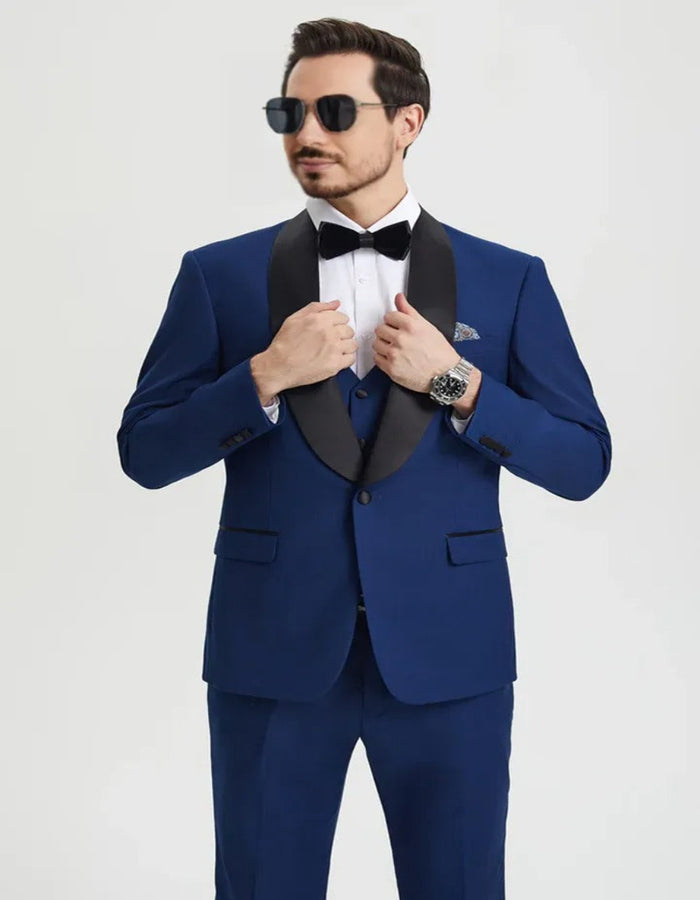 Blue Wedding Tuxedo - Men's Stacy Adams Vested One Button Shawl Lapel Indigo blue Tuxedo