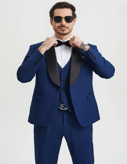 Blue Wedding Tuxedo - Men's Stacy Adams Vested One Button Shawl Lapel Indigo blue Tuxedo