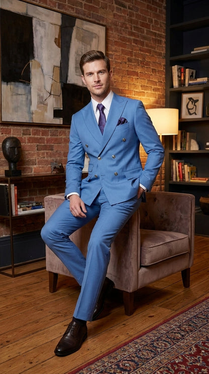 Men’s Sky Blue Double Breasted Suit with Gold Buttons, Designer Formal Wedding Business Suit