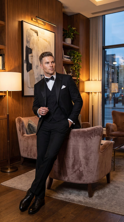 Men’s Black Great Gatsby Inspired Vested Tuxedo, Leonardo DiCaprio Style Formal Wedding Prom Suit