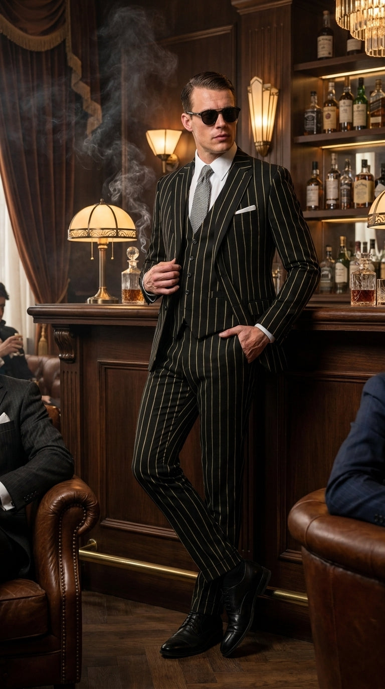 Men’s Black Gangster Pinstripe Suit, 2 Button Vintage 1920s Formal Dress Suit