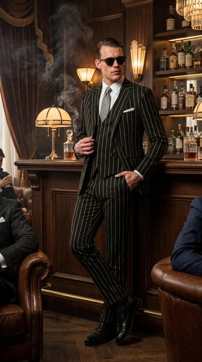 Men’s Black Gangster Pinstripe Suit, 2 Button Vintage 1920s Formal Dress Suit