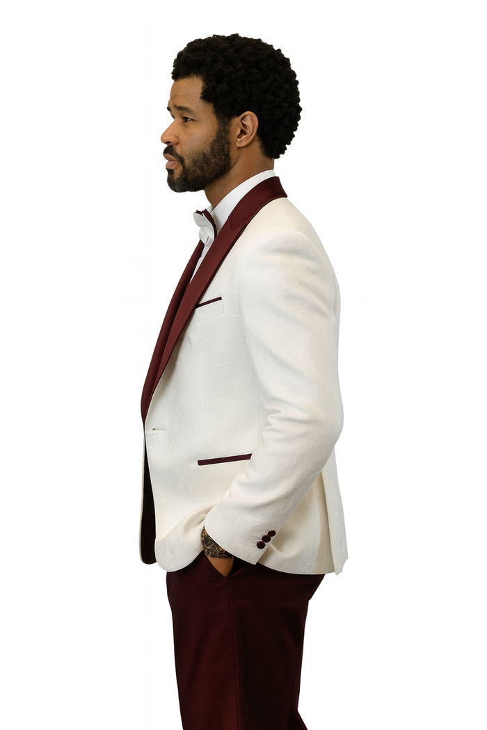 Hilton White & Burgundy Paisley Peak Lapel Tuxedo Jacket with Matching Shawl Vest & Wool Pants  Includes Bow Tie