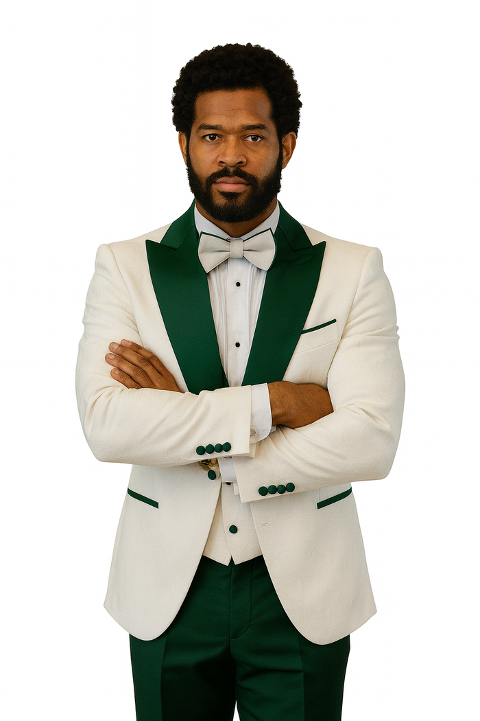 Hilton White and Hunter Green Paisley Peak Lapel Tuxedo Jacket with Matching Shawl Vest and Wool Pants  Includes Bow Tie