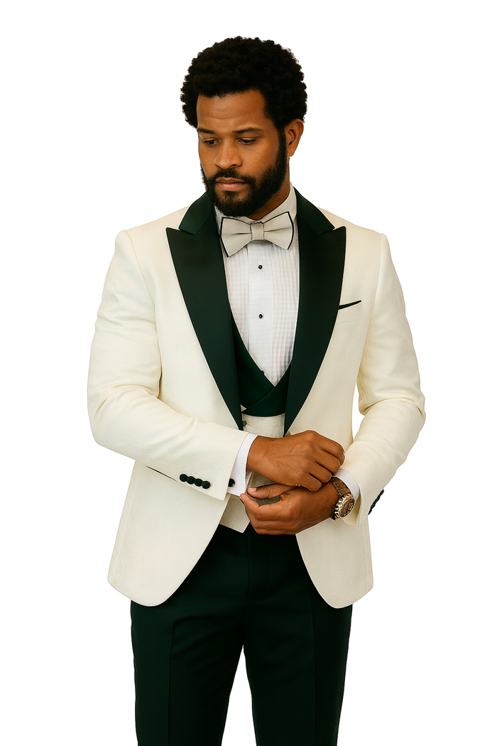 Hilton White and Black Paisley Peak Lapel Tuxedo Jacket with Matching Shawl Vest and Wool Pants  Includes Bow Tie