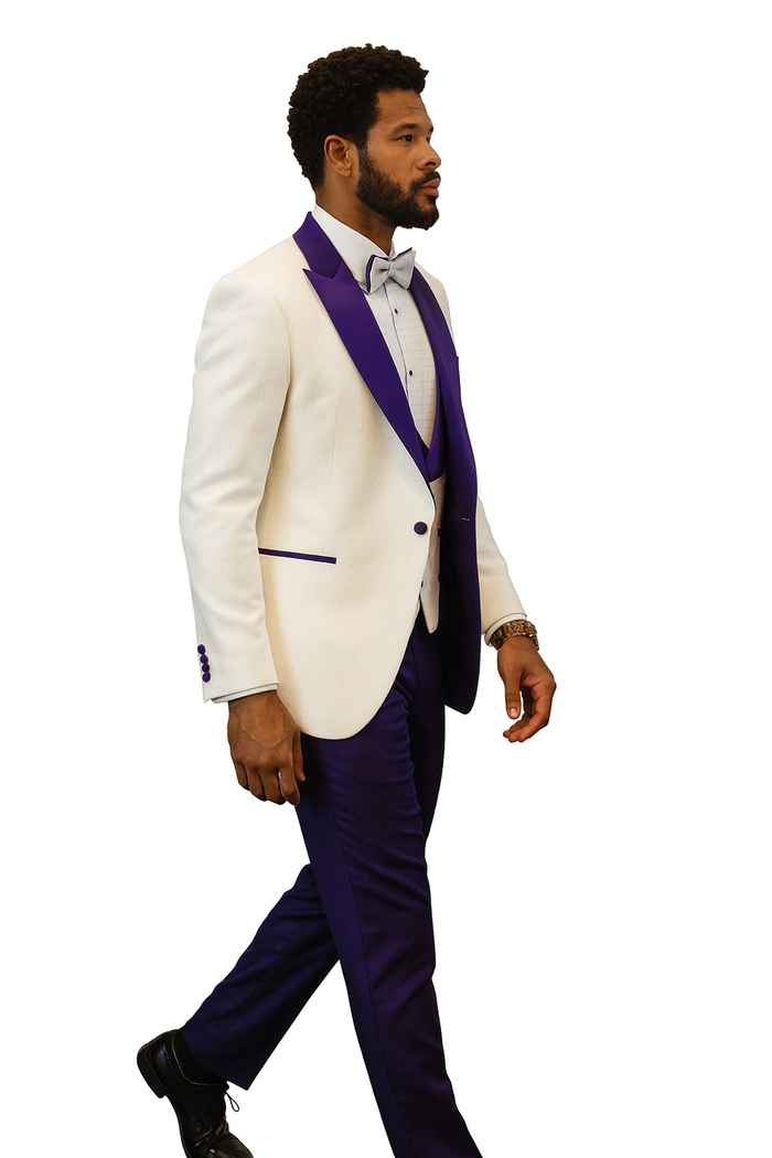 Hilton White and Purple Paisley Peak Lapel Tuxedo Jacket with Matching Shawl Vest and Wool Pants  Includes Bow Tie