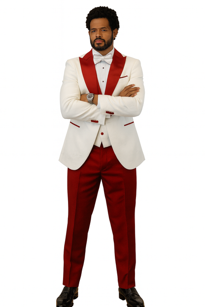 Hilton White and Red Paisley Peak Lapel Tuxedo Jacket with Matching Shawl Vest and Wool Pants  Includes Bow Tie