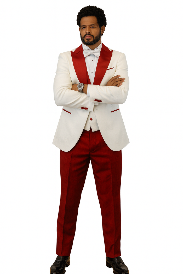 Hilton White and Red Paisley Peak Lapel Tuxedo Jacket with Matching Shawl Vest and Wool Pants  Includes Bow Tie