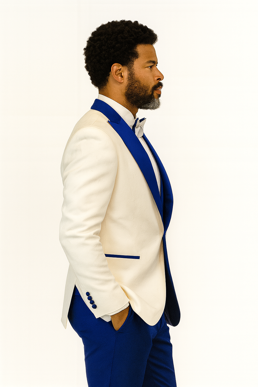 Hilton White and Royal Blue Paisley Peak Lapel Tuxedo Jacket with Matching Shawl Vest and Wool Pants  Includes Bow Tie