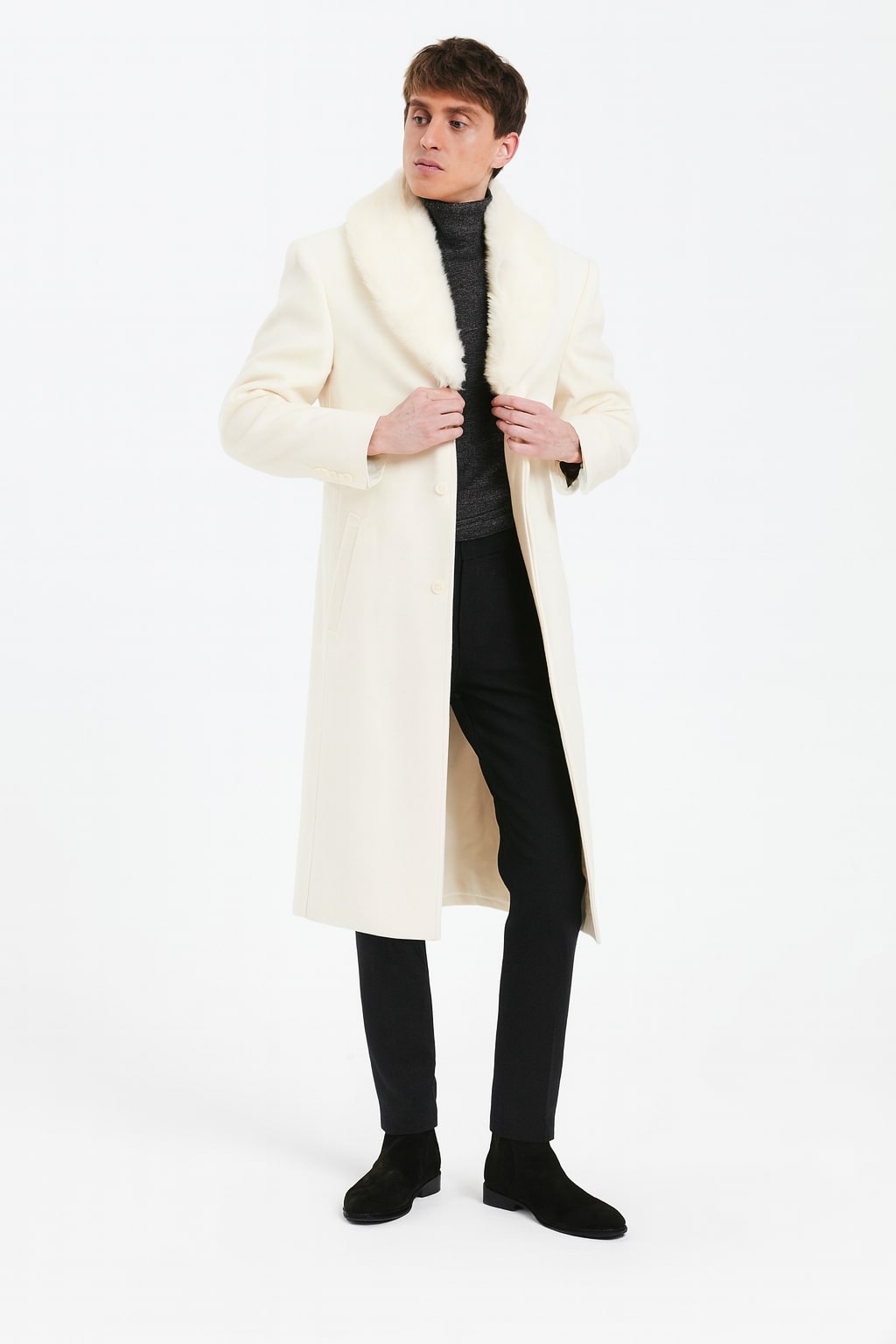 Mens Ivory Full-Length Overcoat with Luxurious Faux Fur Shawl Collar  Cream Winter Dress Coat Off White Color