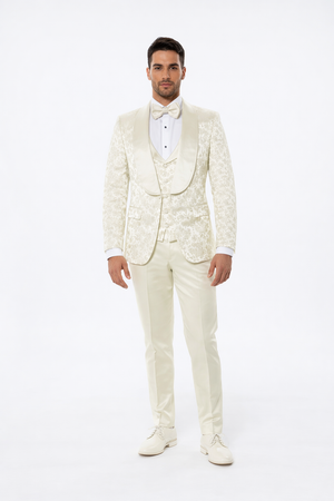 Mens Ivory Floral Shawl Lapel Tuxedo  Wedding & Prom Outfit