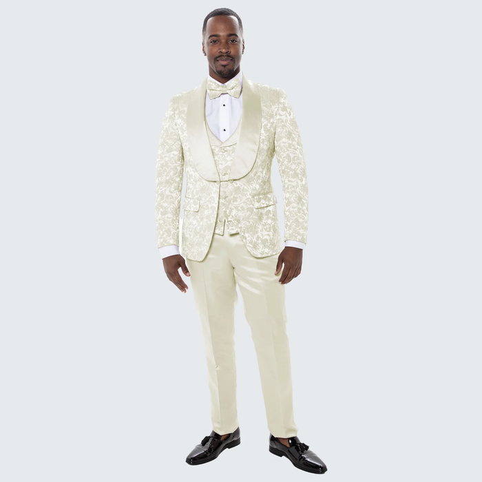 Mens Ivory Floral Shawl Lapel Tuxedo  Wedding & Prom Outfit