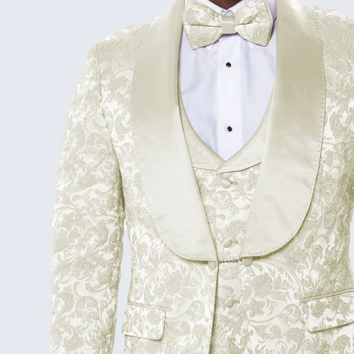 Men’s Ivory Floral Shawl Lapel Tuxedo – Wedding & Prom Outfit