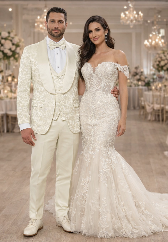 Mens Ivory Floral Shawl Lapel Tuxedo  Wedding & Prom Outfit