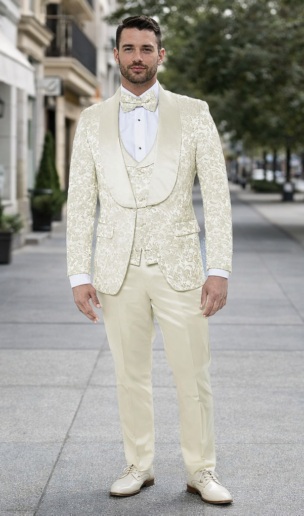 Mens Ivory Floral Shawl Lapel Tuxedo  Wedding & Prom Outfit