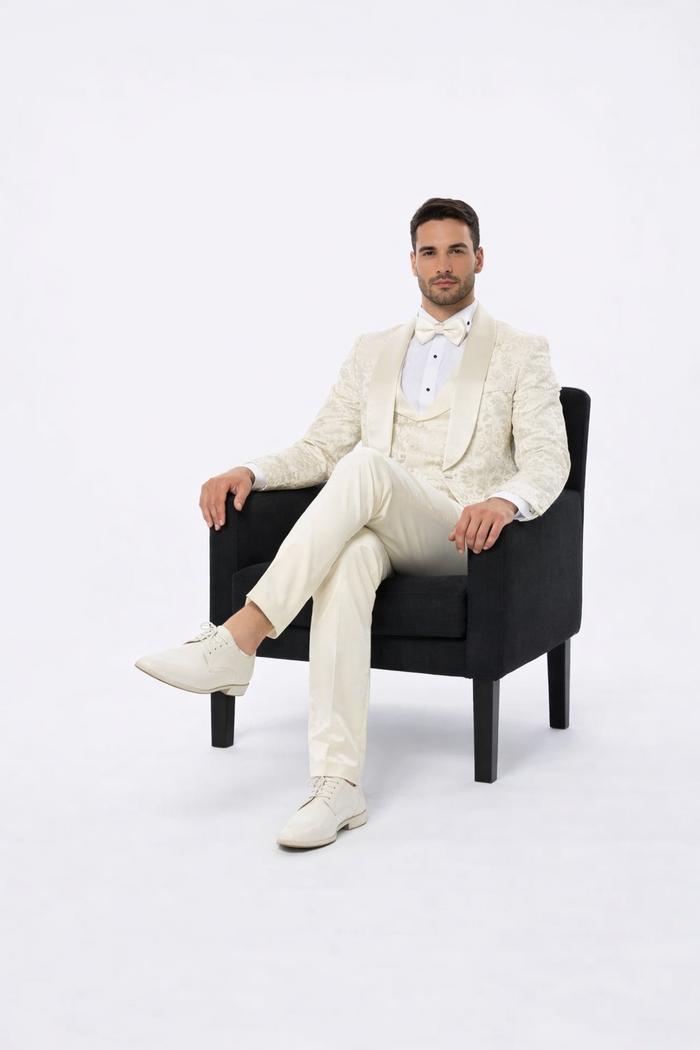 Mens Ivory Floral Shawl Lapel Tuxedo  Wedding & Prom Outfit