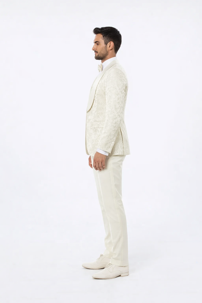 Mens Ivory Floral Shawl Lapel Tuxedo  Wedding & Prom Outfit