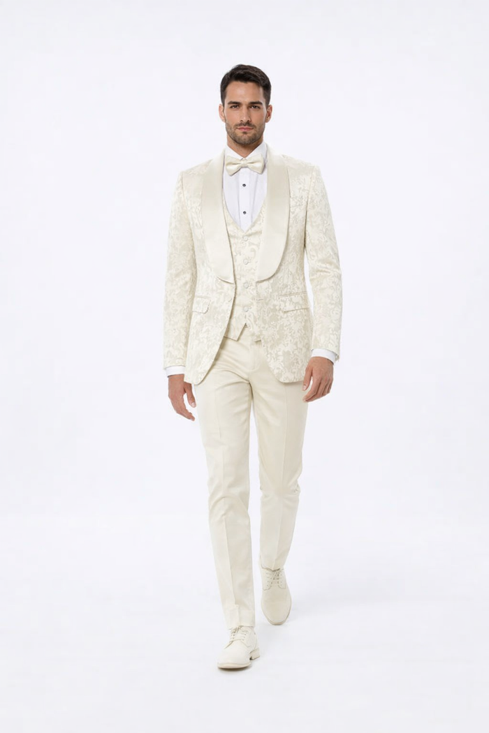 Mens Ivory Floral Shawl Lapel Tuxedo  Wedding & Prom Outfit