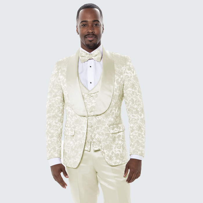 Mens Ivory Floral Shawl Lapel Tuxedo  Wedding & Prom Outfit