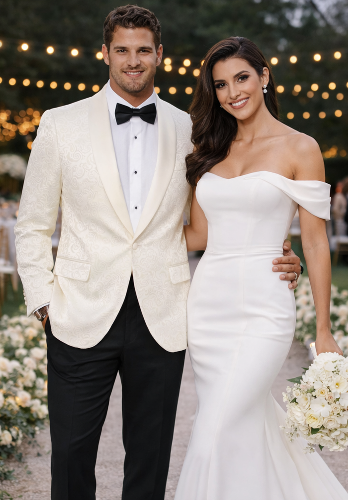 Ivory Paisley Tuxedo Jacket | Shawl Lapel Wedding & Prom Suit Blazer