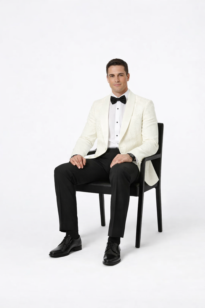 Ivory Paisley Tuxedo Jacket | Shawl Lapel Wedding & Prom Suit Blazer
