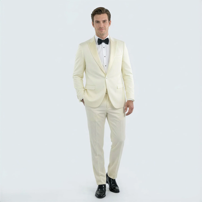 Men’s Designer Ivory Slim Fit Tuxedo – Peak Lapel Wedding Style