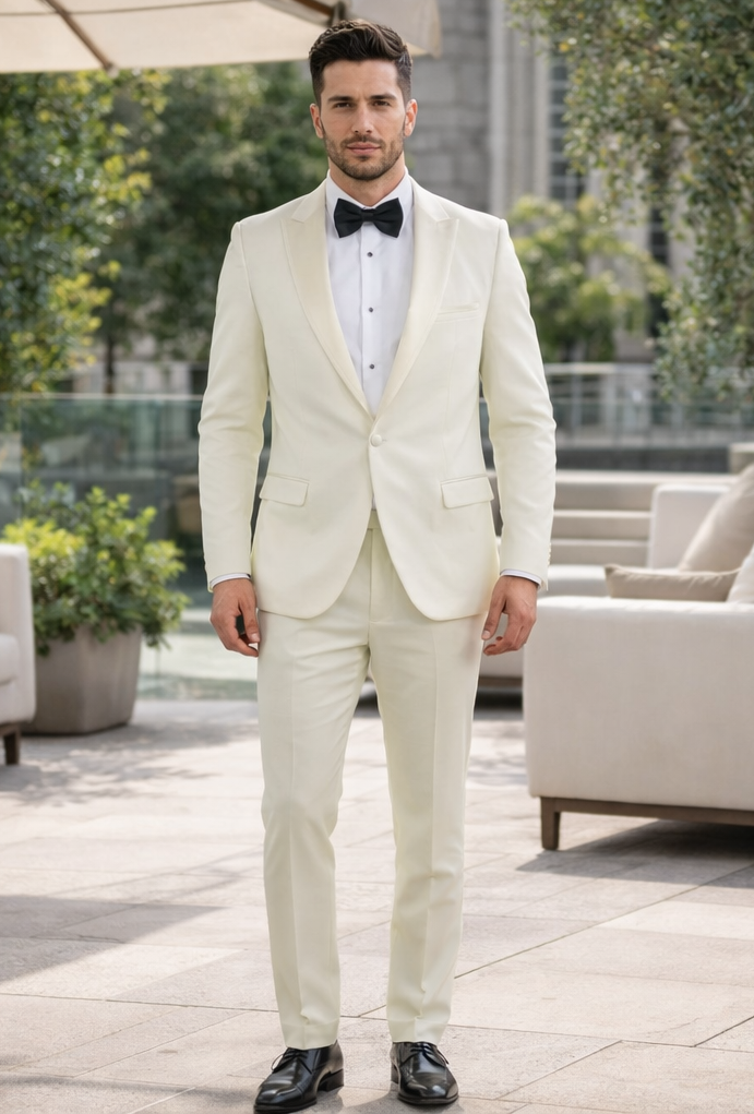 Men’s Designer Ivory Slim Fit Tuxedo – Peak Lapel Wedding Style