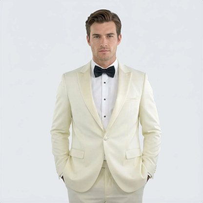 Men’s Designer Ivory Slim Fit Tuxedo – Peak Lapel Wedding Style