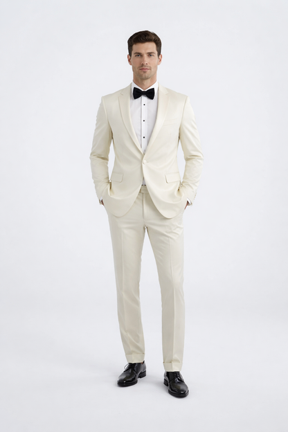 Men’s Designer Ivory Slim Fit Tuxedo – Peak Lapel Wedding Style