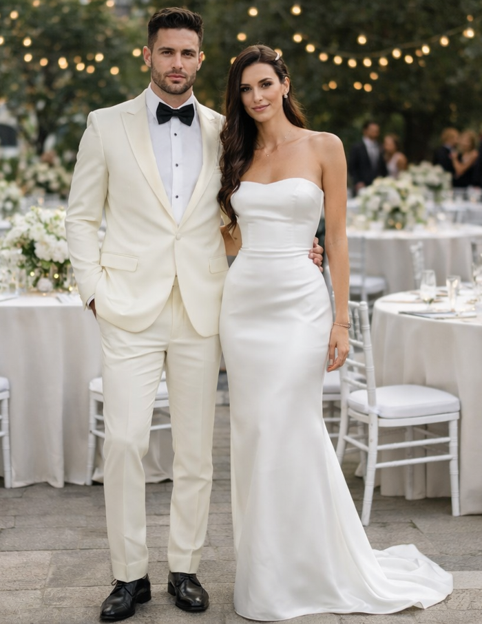 Men’s Designer Ivory Slim Fit Tuxedo – Peak Lapel Wedding Style