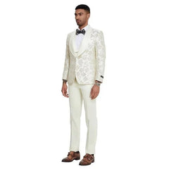 2024 Ivory Shiny Floral Mens 3pc Suit by Tazzio - Men's Tuxedo USA