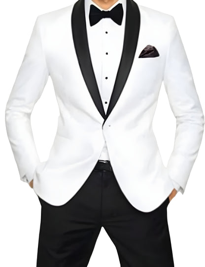 Ivory White Shawl Lapel Tuxedo for Men – Black Contrast Lapel Formal Suit Jacket
