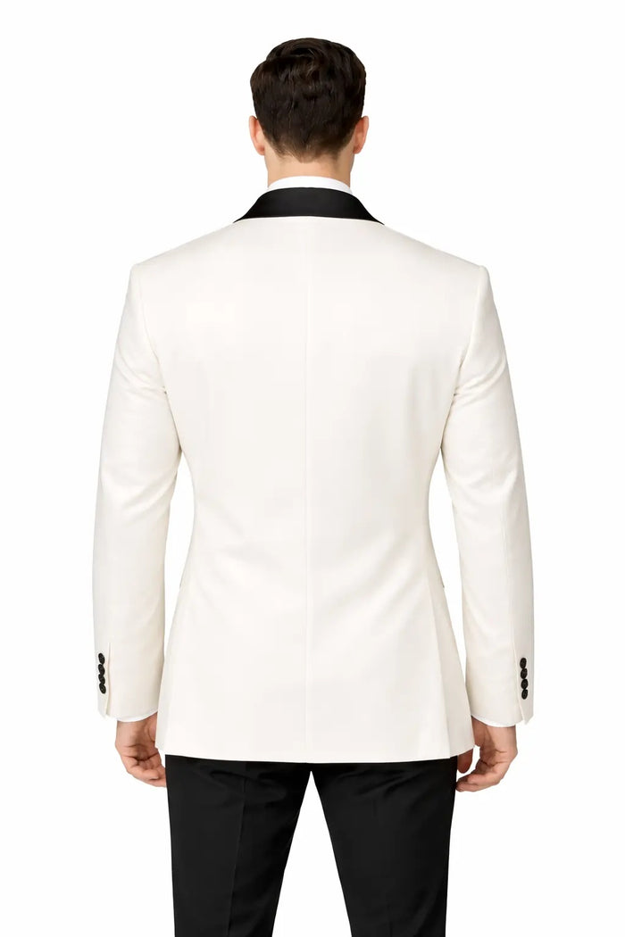 Men’s Ivory White Blazer with Black Shawl Collar – Elegant Contrast Formal Jacket