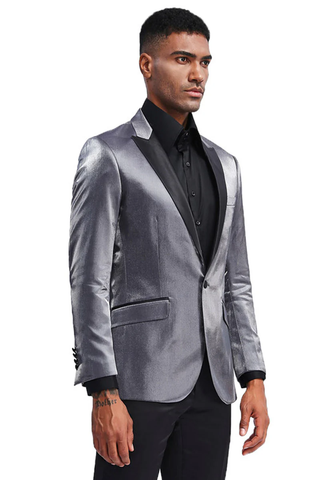 Mens Gray Tuxedo - Grey Wedding Suit-Mens Slim Fit Shiny Satin Prom & Wedding Tuxedo Jacket In Charcoal Grey