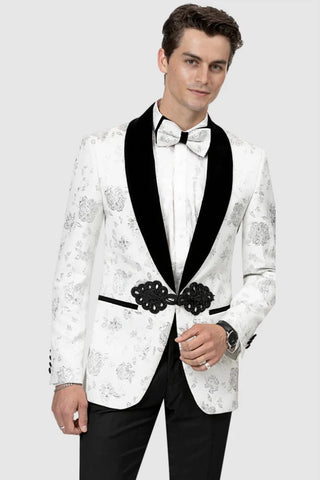 All White Mens Tuxedo -  Wedding Suit - Mens Velvet Shawl Lapel Prom Tuxedo Smoking Jacket In White Paisley - Men's Tuxedo USA