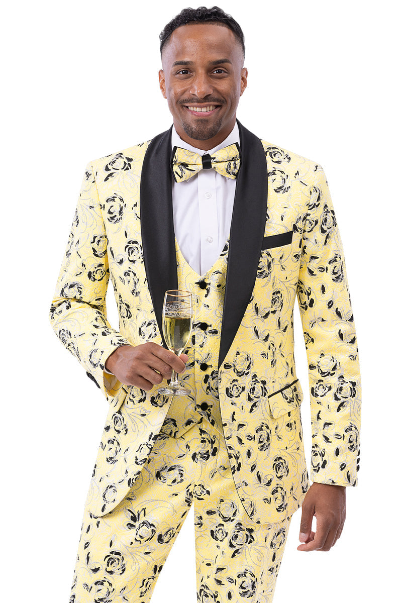 34 Men's Vested Shawl Lapel Wedding & Prom Tuxedo in Yellow Paisley Floral