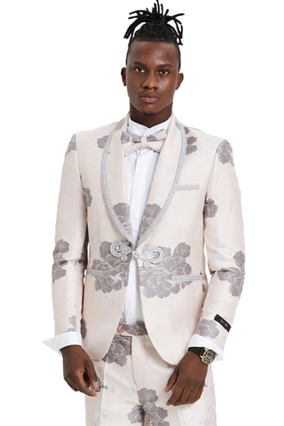 Mens Gray Tuxedo - Grey Wedding Suit-Mens One Button  Vested Shawl Tuxedo In Pink & Silver Paisely With Lace Trim