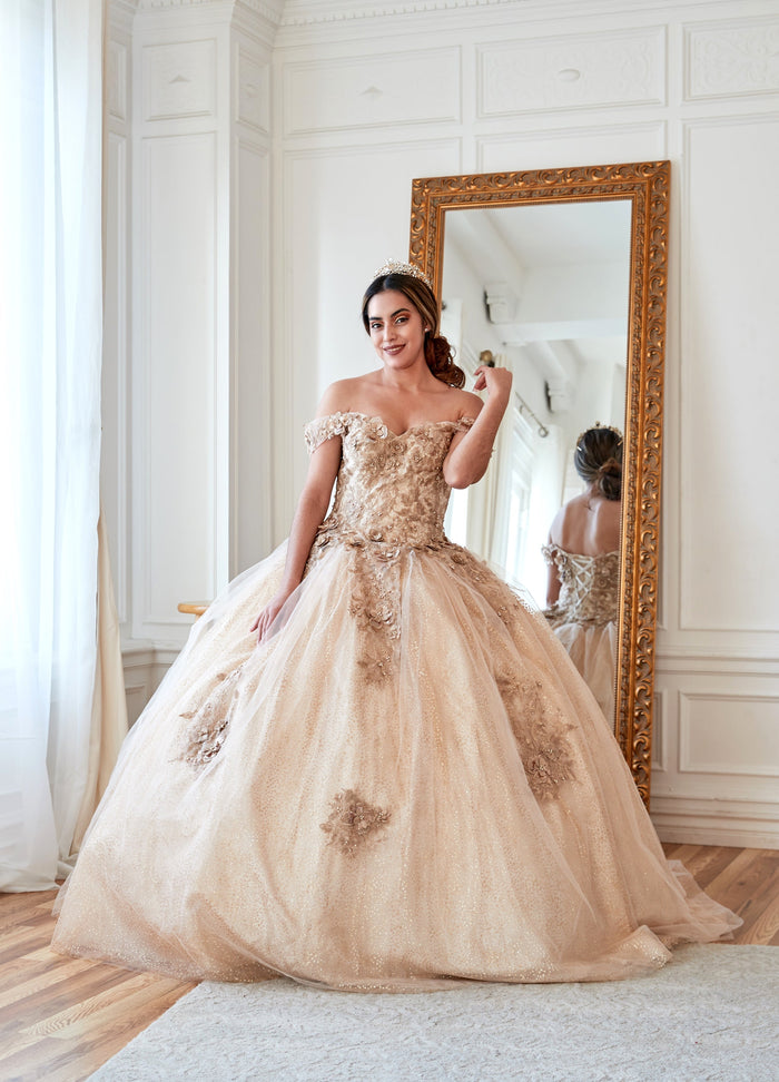 3D Floral Off-Shoulder Glitter Ball Gown by Calla KY-73112