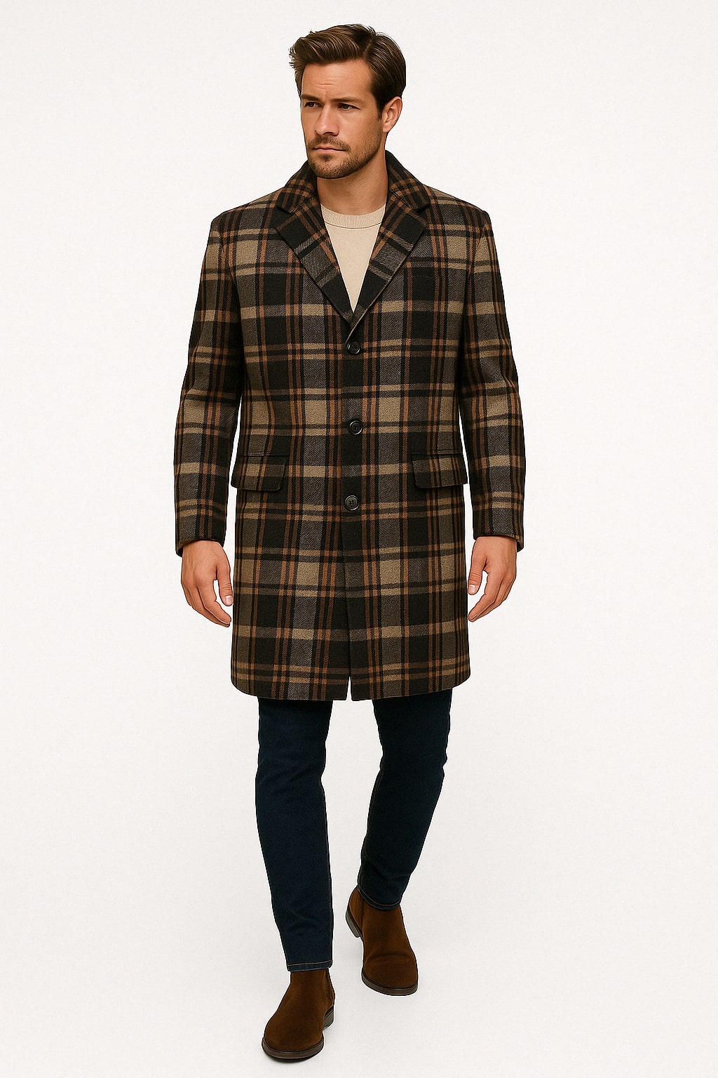 Mens Plaid Wool Overcoat  Khaki and Brown and Cream Check Pattern Winter Coat