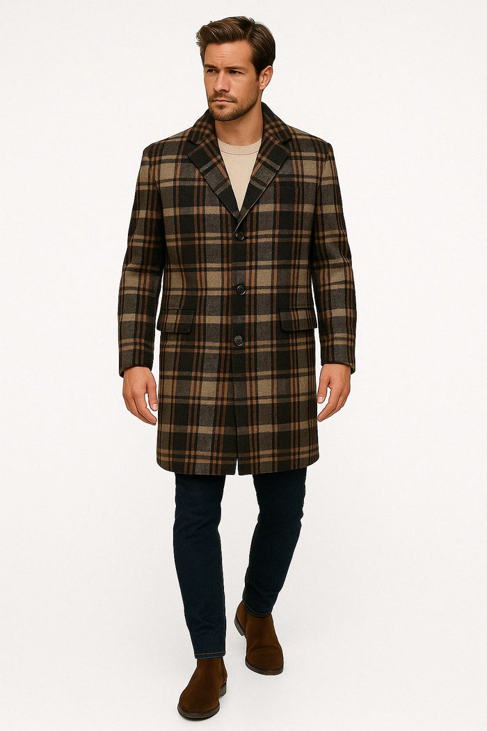 Mens Plaid Wool Overcoat  Khaki and Brown and Cream Check Pattern Winter Coat