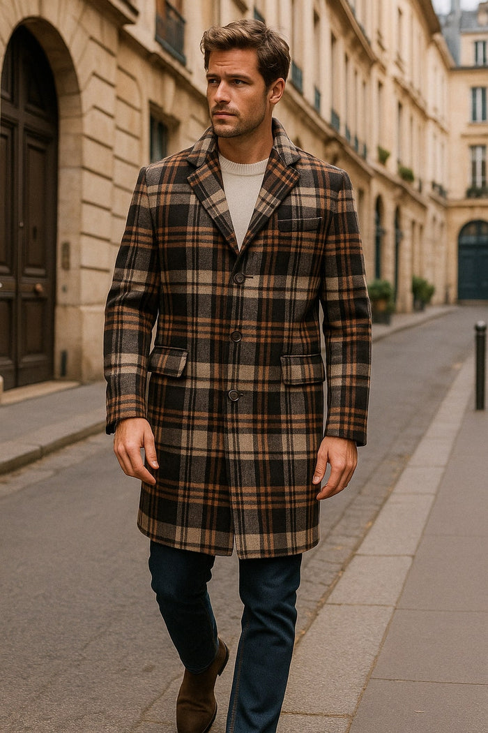 Mens Plaid Wool Overcoat  Khaki and Brown and Cream Check Pattern Winter Coat