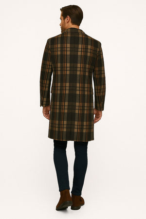 Mens Plaid Wool Overcoat  Khaki and Brown and Cream Check Pattern Winter Coat