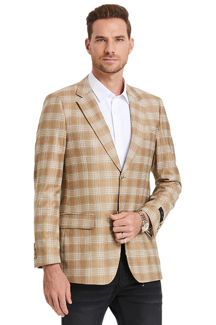 Saco vaquero - Western Sport Coat - Western Blazer- Men's Slim Fit Business Casual Khaki Glen Plaid Sport Coat
