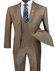 Mens Khaki Color Tuxedo - Mens Modern Fit Tuxedo Suit with Double Breasted Khaki Satin Trim Vest - Men's Tuxedo USA