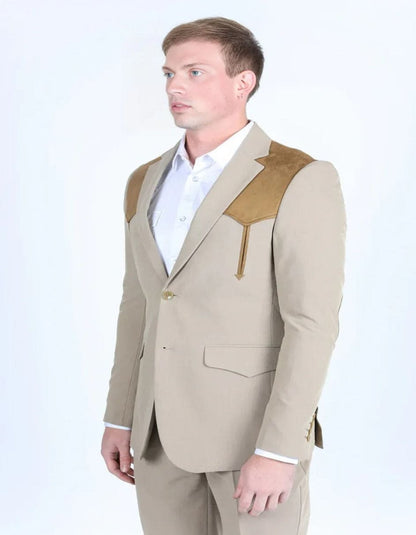 Men's Western Khaki Suit Sport Coat with Suede Yokes and Elbow Patches